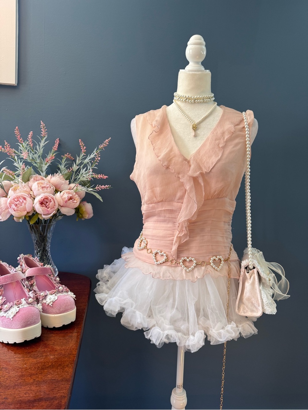 100% Silk Vintage Blush Pink Ruffle Top Coquette Fairycore Romantic Y2K